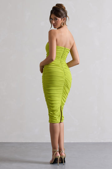My Girl Green Strapless Bodycon Ruched Mesh Midi Dress